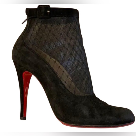 Christian Louboutin "Resillissima 100" Lace Net Stiletto Buckle Suede Heels - Picture 8 of 14